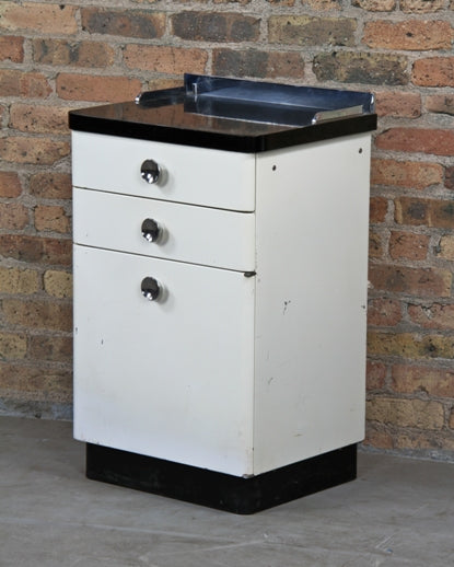 all original c. 1940's vintage medical doctor examination room "whitekraft" baked enameled steel storage cabinet with rail guard