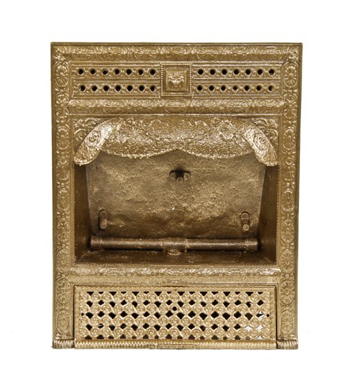 largely intact late 19th century interior residential ornamental cast iron fireplace gas insert or grate with metallic gold enameled finish