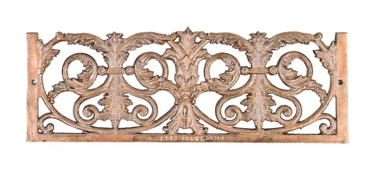 late 19th century residential fireplace ornamental cast iron pierced metal gas insert replacement grille with copper enameled finish