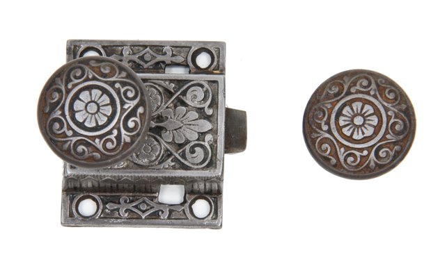 original 19th century antique american ornamental cast iron residential porch and/or screen door lockset with spindle and set screws