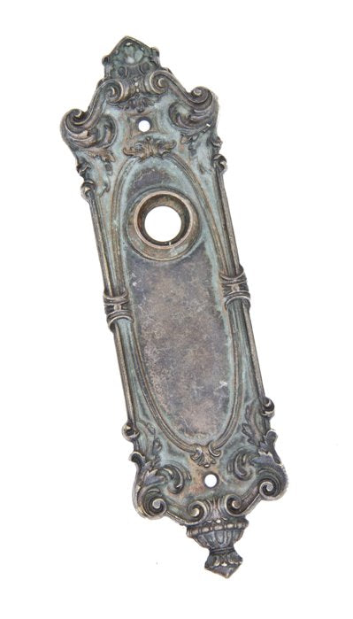 c. 1900-10 antique american ornamental cast brass interior residential neoclassical style doorknob backplate with naturally aged patina