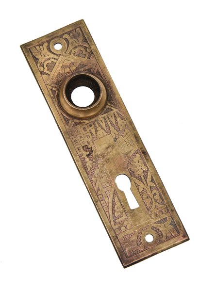 late 19th century america eastlake style cast brass "ceylon" pattern interior residential doorknob backplate with single keyhole