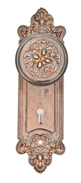 early 20th century interior residential ornamental cast iron "truro" pattern passage door backplate and matching doorknob