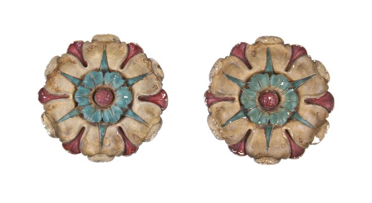 matching pair of late 1920's original cast plaster interior lawndale theater auditorium floral rosettes with original polychrome enameled finish