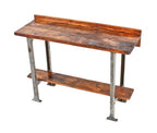completely refinished late 1920's american industrial two-tier factory workbench with "hallowell" angled steel stationary legs