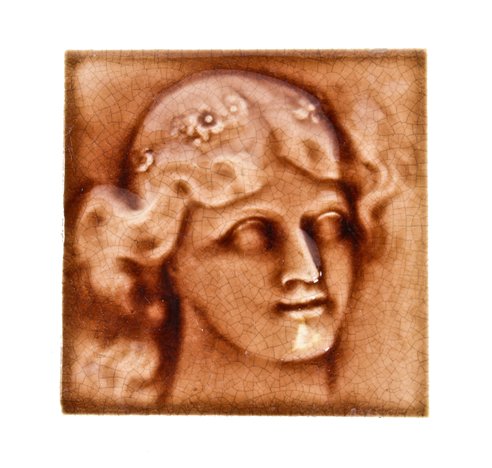 unusual american 19th century american intaglio-modeled residential majolica glazed fireplace portrait tile