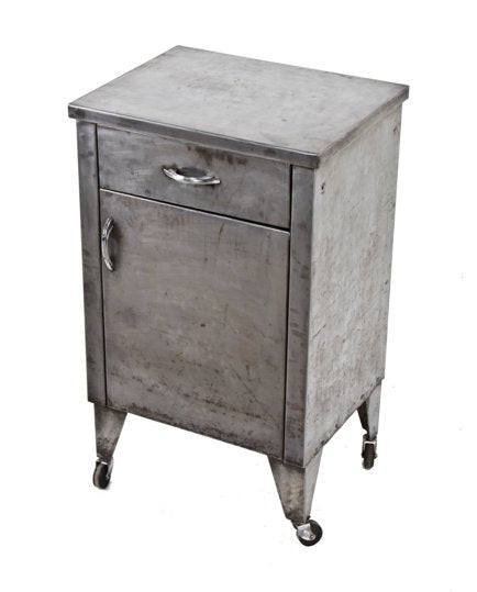 c. 1930's refinished vintage american medical heavy gauge steel hospital examination room supply cabinet with pull-out drawer and hinged cabinet door
