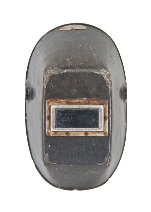 reinforced vintage american industrial molded fiberglass welding helmet or mask with riveted joint stationary eye shield