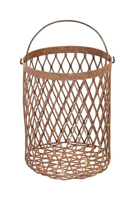 reinforced c. 1930's american industrial plating factory diamond mesh metal strainer basket with original bent steel rod drop handle