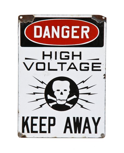 original c. 1930's american industrial single-sided die cut steel porcelain enameled graphic "high voltage" cautionary sign