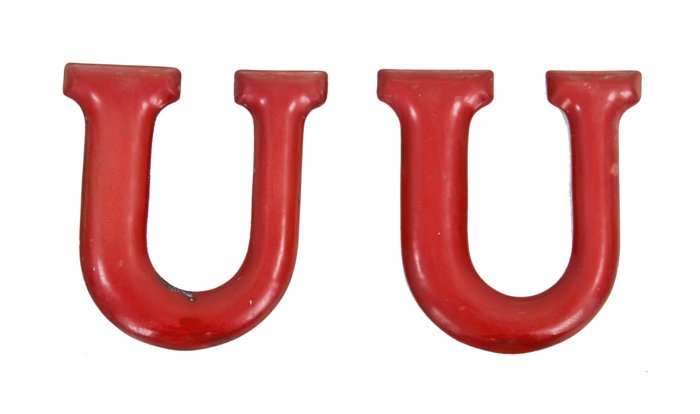 two original c. 1920's single-sided red porcelain enameled stamped and/or pressed steel exterior gas station sign letters