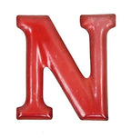 vintage american single-sided stamped or pressed heavy gauge red porcelain enameled steel letter sign