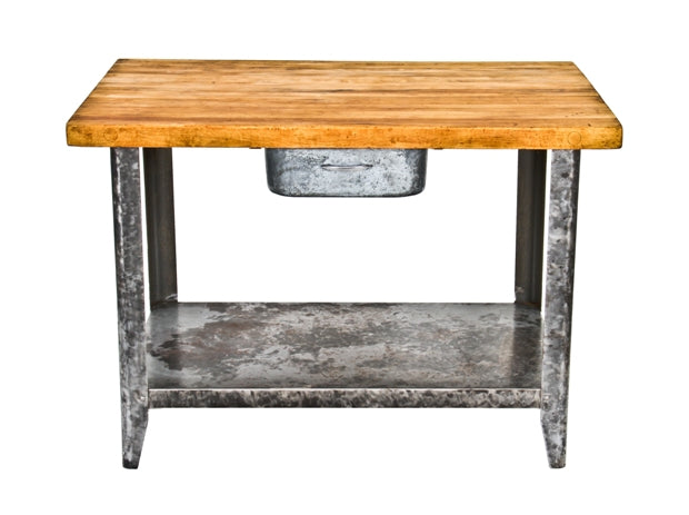 refinished c. 1940s vintage american industrial maple wood butcher top table with single pull-out drawer and spacious undershelf