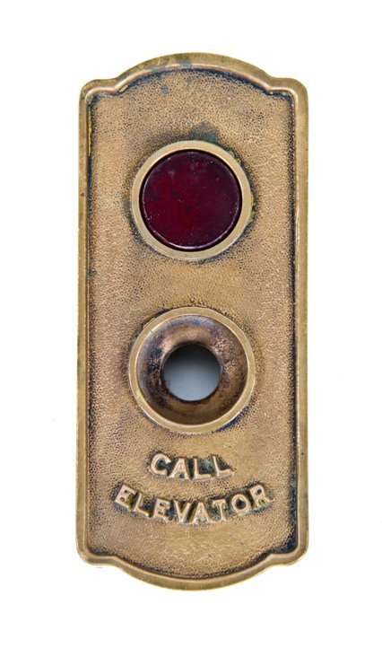 c. 1920's original vintage american industrial cast bronze single-button freight elevator indicator panel with ruby red inset