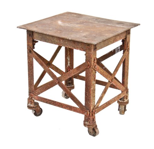 nicely aged c. 1910 american industrial robust heavy gauge steel factory welding table with extensive cross-bracing