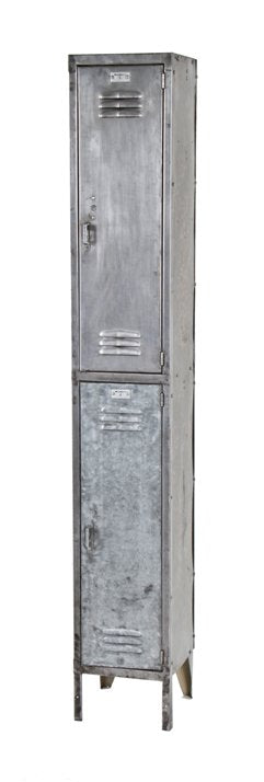 late 1940's vintage american industrial shoe factory double unit "medart" freestanding galvanized steel locker with louvered doors