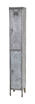late 1940's vintage american industrial shoe factory double unit "medart" freestanding galvanized steel locker with louvered doors
