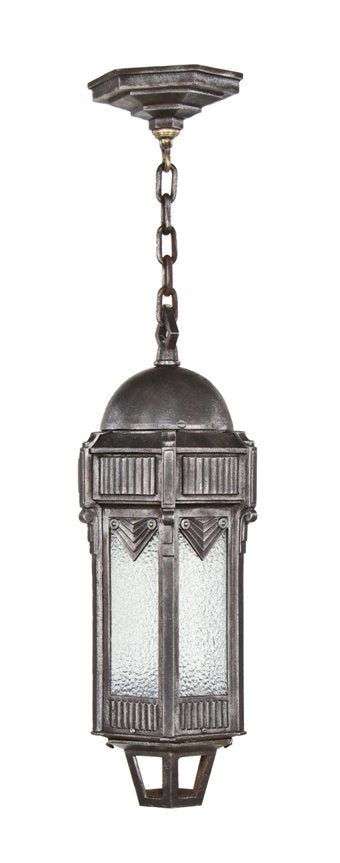 exceptional late 1920's american art deco ornamental cast iron exterior commercial building pendant light with original "stepped" canopy