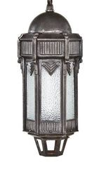 exceptional late 1920's american art deco ornamental cast iron exterior commercial building pendant light with original "stepped" canopy