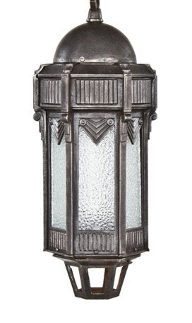 exceptional late 1920's american art deco ornamental cast iron exterior commercial building pendant light with original "stepped" canopy
