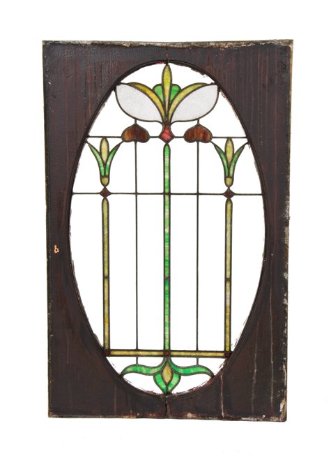 original c. 1905 american art nouveau style interior residential leaded art glass oval-shaped staircase landing window