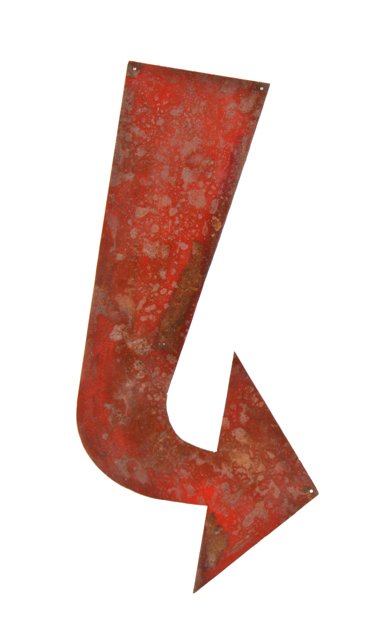 original c. 1940's vintage american "new old stock" red enameled die cut steel advertising directional arrow with mounting holes