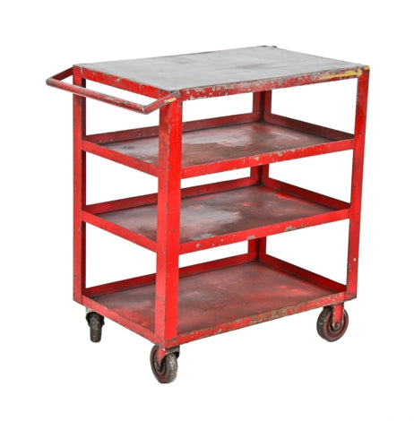 heavily reinforced c. 1950's vintage american industrial welded joint solid steel multi-shelf mobile supply cart with casters