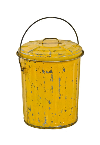 c. 1940's vintage industrial yellow enameled galvanized steel waste can with original rolled rim lid and drop handle
