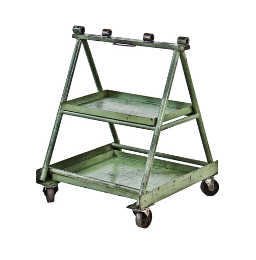 unique c. 1940's vintage industrial custom-built a-frame tubular steel factory sign cart with weathered and worn green paint finish