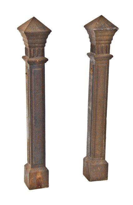 matching pair of original 19th century american pyramidal top ornamental cast iron newel posts with naturally aged weathered surface finish