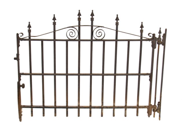 largely intact 19th century american weathered and worn ornamental wrought iron swinging gate with four-sided spear finial caps