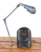 c. 1950's vintage industrial articulating arm workbench task lamp with original gunship gray enameled finish largely intact