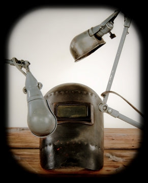 c. 1950's vintage industrial articulating arm workbench task lamp with original gunship gray enameled finish largely intact