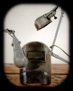 c. 1950's vintage industrial articulating arm workbench task lamp with original gunship gray enameled finish largely intact