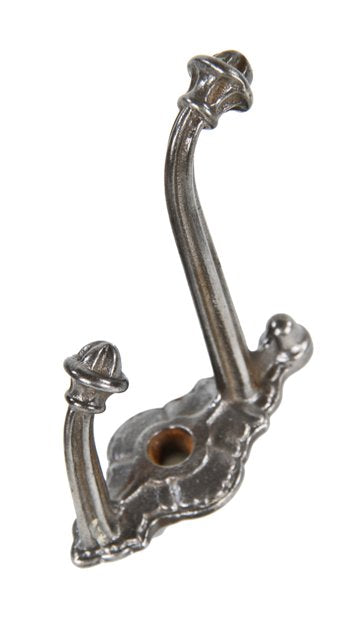 original c. 1860's wall-mount interior residential brushed ornamental cast iron double hook with unique acorn finials