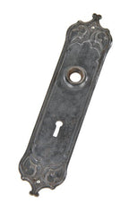original late 19th century baked black enameled ornamental cast iron monadnock building interior office door backplate
