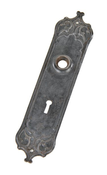 original late 19th century baked black enameled ornamental cast iron monadnock building interior office door backplate