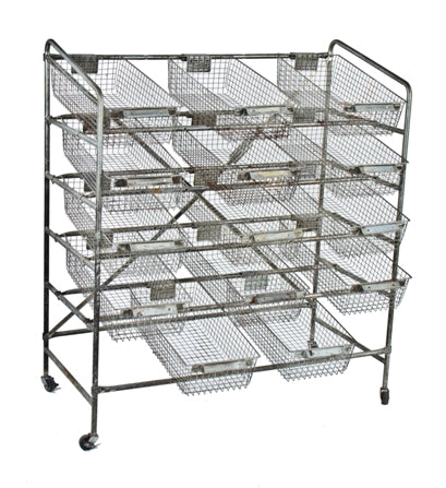 original c. 1940's vintage american mobile grocery store angled front product display rack with detachable wire baskets