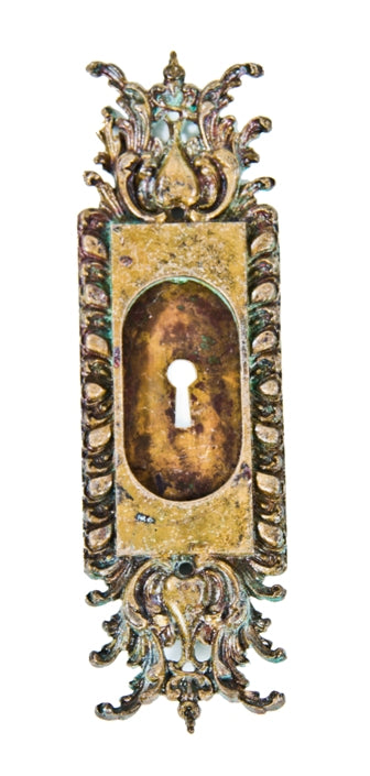 very unique c. 1900's ornamental cast brass interior residential single pocket door escutcheon with naturally patinated finish