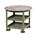 c. 1940's vintage american industrial modified "pollard green" three-tier low-lying angled steel sign factory table