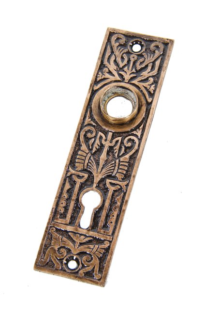 c. 1880's original antique american ornamental cast bronze "oriental" pattern interior residential doorknob backplate