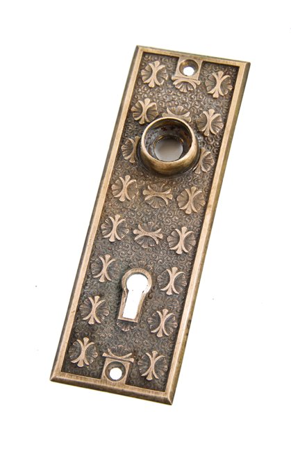 original 19th century antique american ornamental cast brass interior residential doorknob backplate with embossed floral motifs