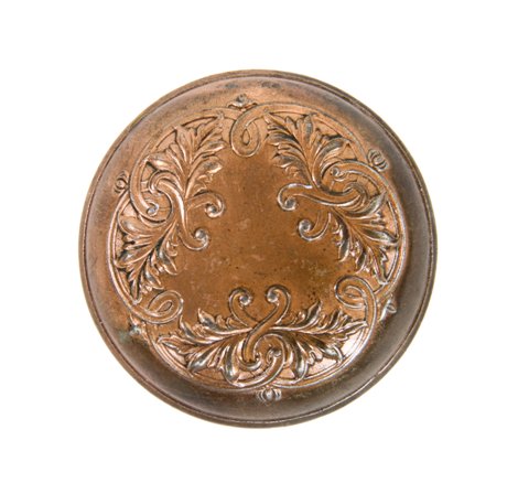 early 20th century copper-plated wrought ornamental steel "loriane" pattern interior residential banded rim doorknob