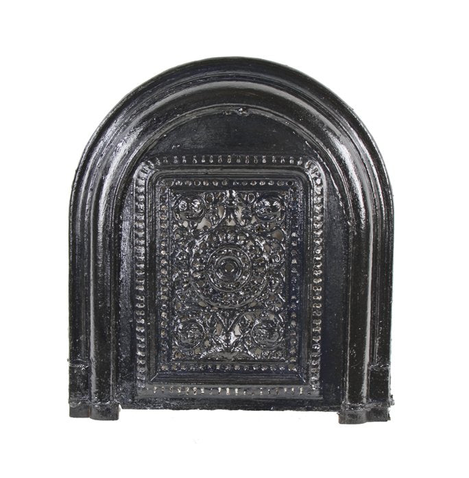 original c. 1860's black enameled ornamental cast iron arched top interior residential marble fireplace summer cover
