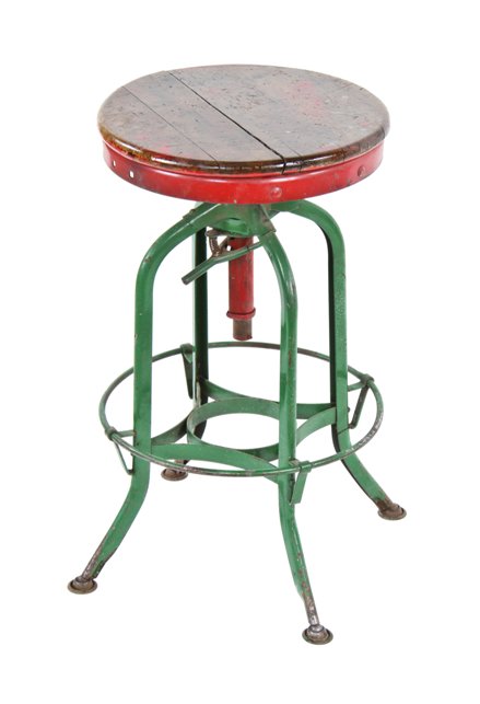 c. 1930's vintage american industrial adjustable height toledo four-legged machinist stool with intact heel ring