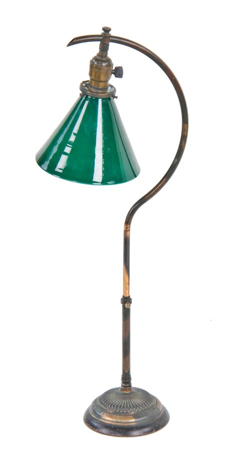 c. 1900's all original antique american fully adjustable oxidized copper banker's lamp with green cased glass conical shade
