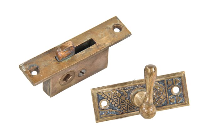 19th century american eastlake "oriental" pattern ornamental cast brass casement window latch with intact t-handle