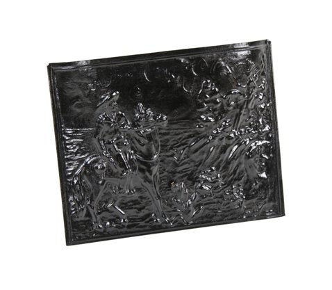 unusual early 20th century american deeply embossed black enameled steel fireplace summer cover featuring a cowboy and indian