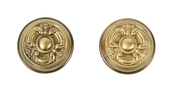 matching set of c. 1910-15 refinished ornamental wrought yellow brass interior residential passage size banded rim doorknobs