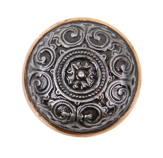 c. 1875 intricately designed ornamental cast iron interior residential passage size doorknob with yellow brass banded rim
